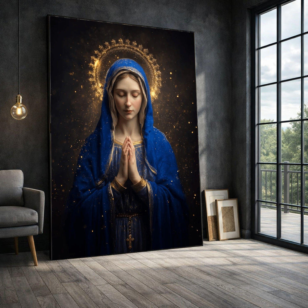 Madonna in Blue Framed Wall Art, Regal Religious Canvas Print, Sacred Living Room Decor