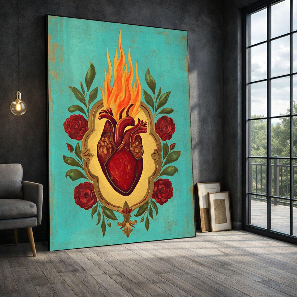 Sacred Heart Framed Wall Art, Flaming Roses Canvas Print, Vintage Religious Living