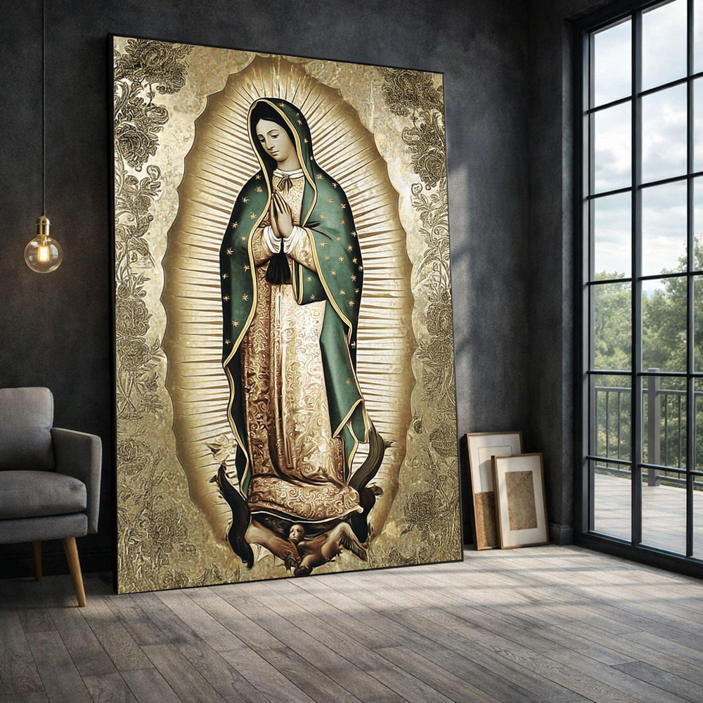 Virgin Mary Framed Wall Art, Gold Green Religious Canvas Print, Catholic Living Room Decor