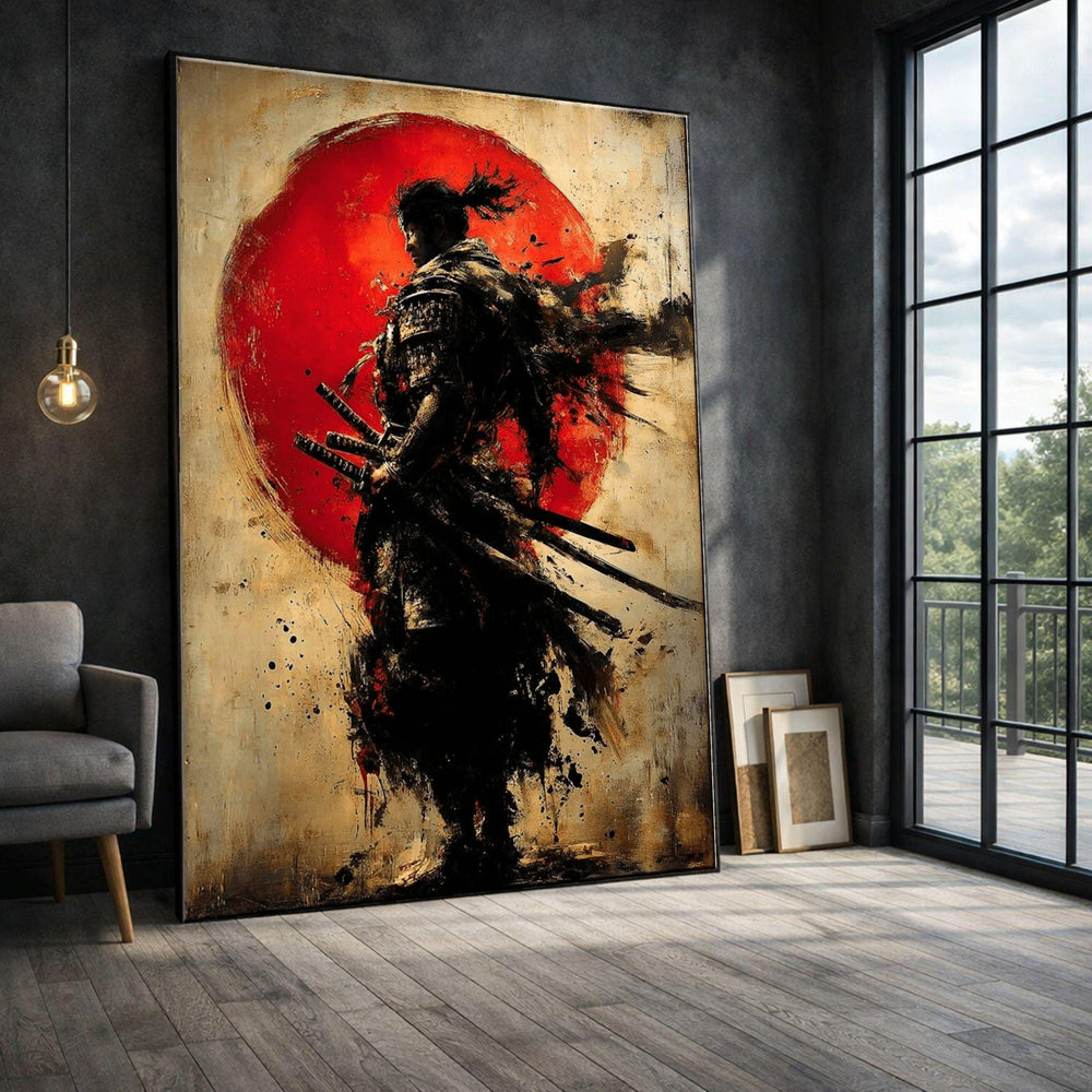 Samurai Warrior Framed Wall Art, Red Sun Framed Wall Art, Japanese Living Room Art, Japanese Inspired Canvas Print