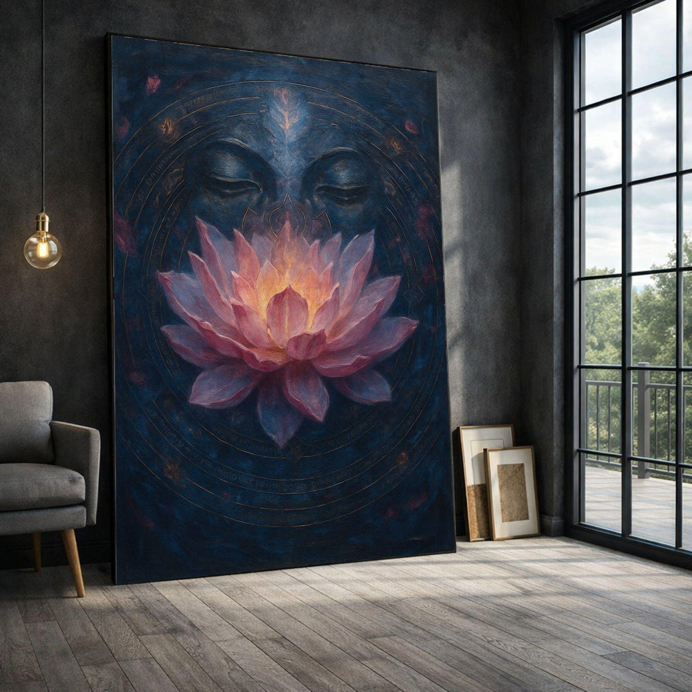 Lotus Meditation Framed Wall Art, Ethereal Blue Pink Canvas Print, Zen Living Room Decor