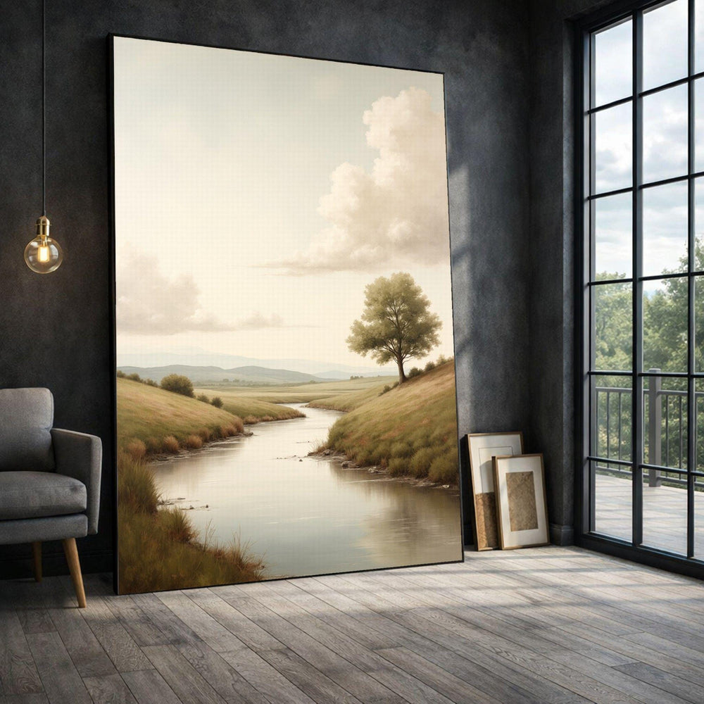 Serene River Landscape Framed Wall Art, Tranquil Countryside Canvas Print, Nature Living Room Decor