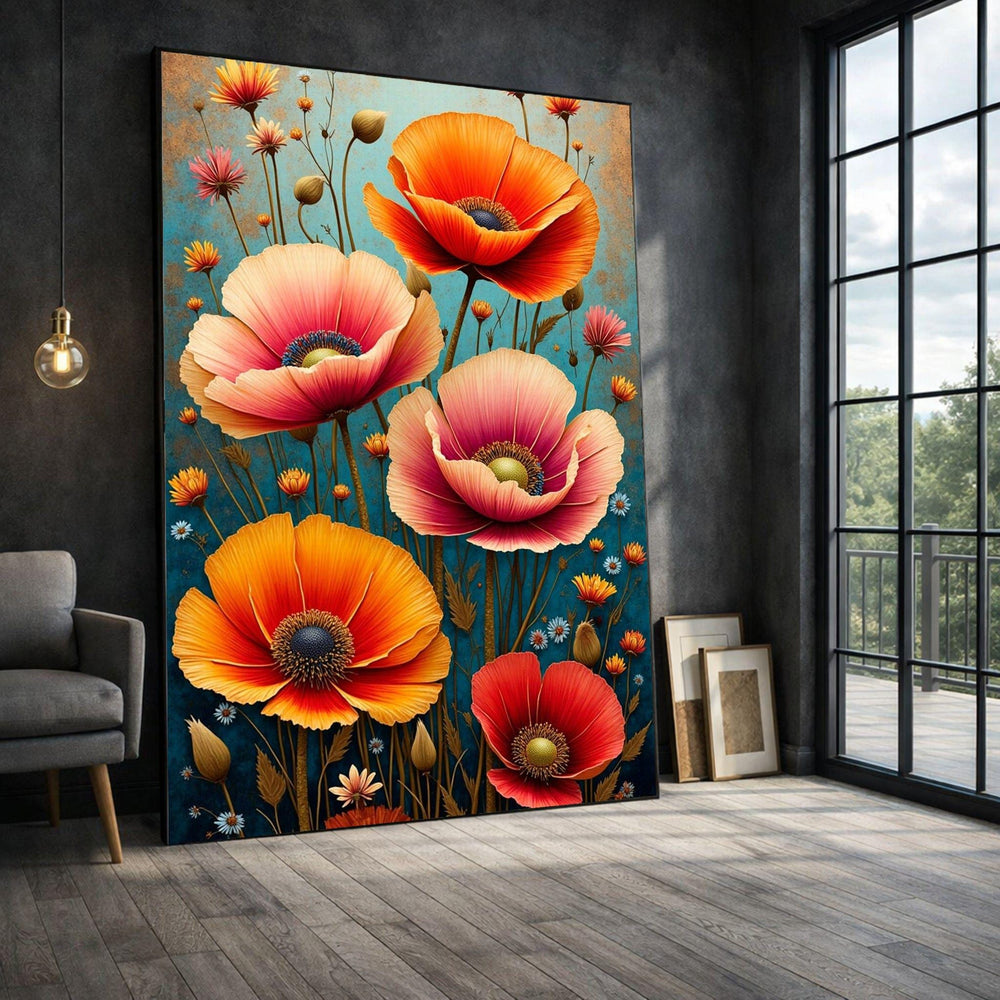 Vibrant Poppy Framed Wall Art, Orange Pink Floral Canvas Print, Botanical Living Room Decor