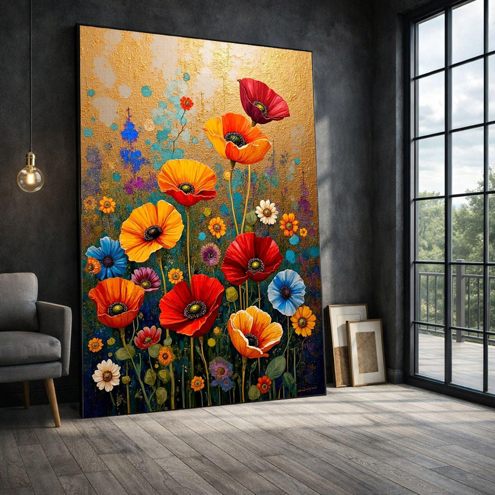 Colorful Poppy Framed Wall Art, Bold Floral Canvas Print, Botanical Living Room Decor
