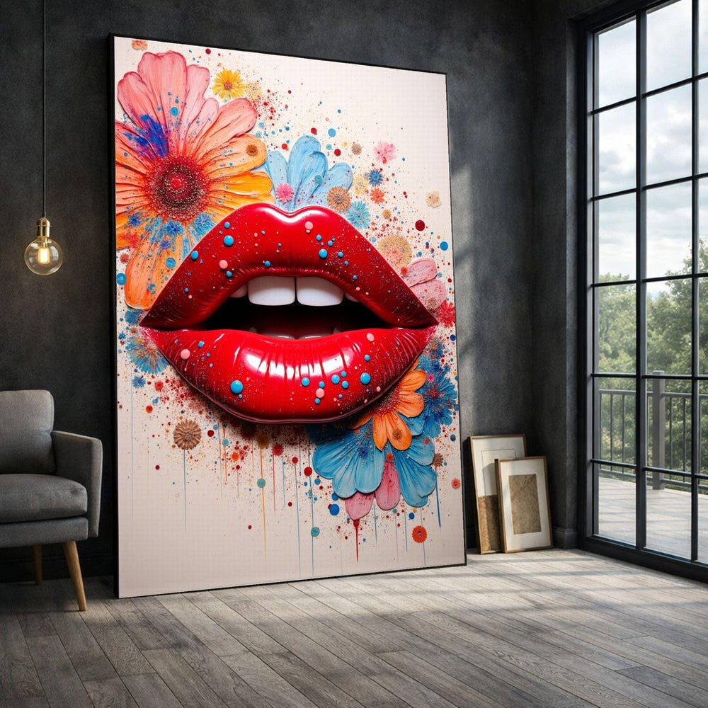 Red Lips Floral Framed Wall Art, Vibrant Pop Art Canvas Print, Living Room Decor