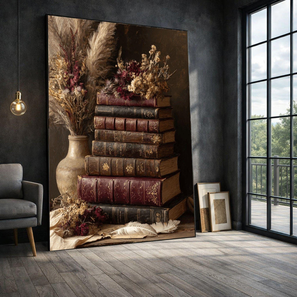 Vintage Book Stack Framed Wall Art, Rustic Library Framed Wall Art, Classic Study, Modern Art Canvas Print