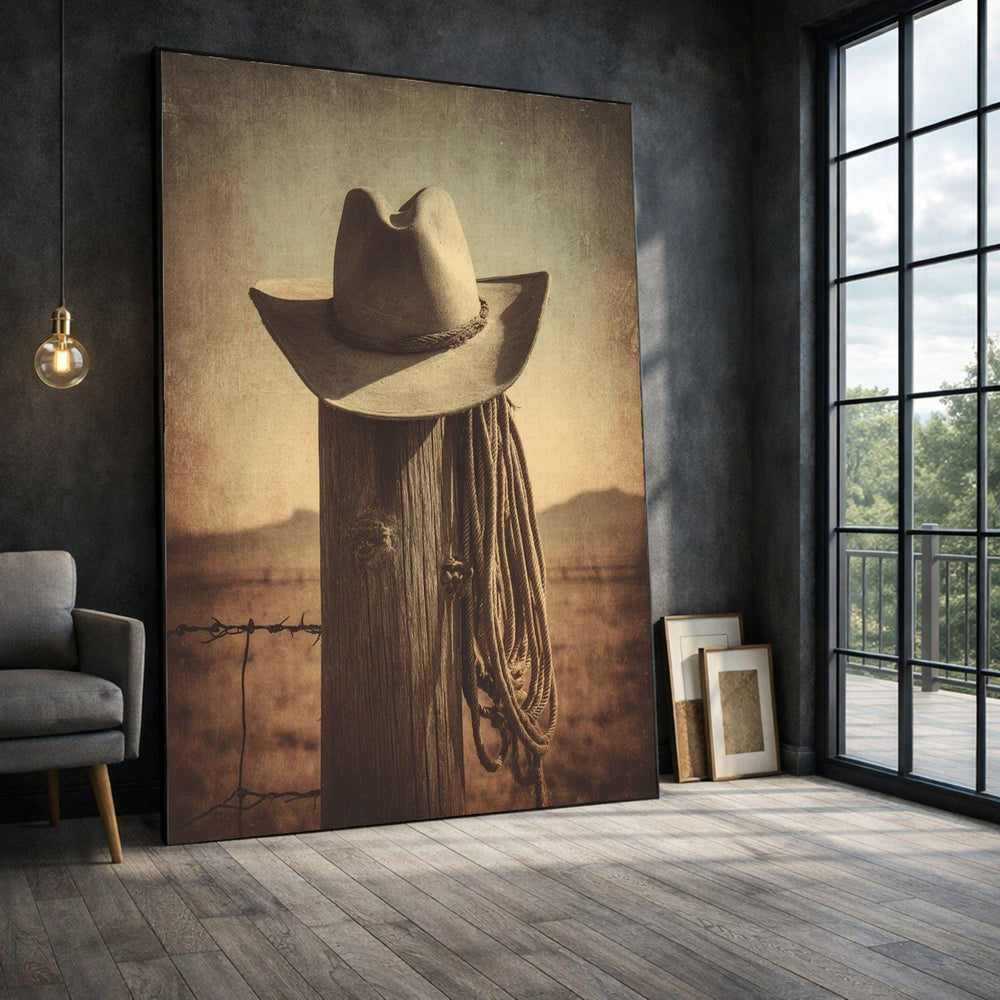 Vintage Cowboy Hat Framed Wall Art, Sepia Western Canvas Print, Rustic Farmhouse Living