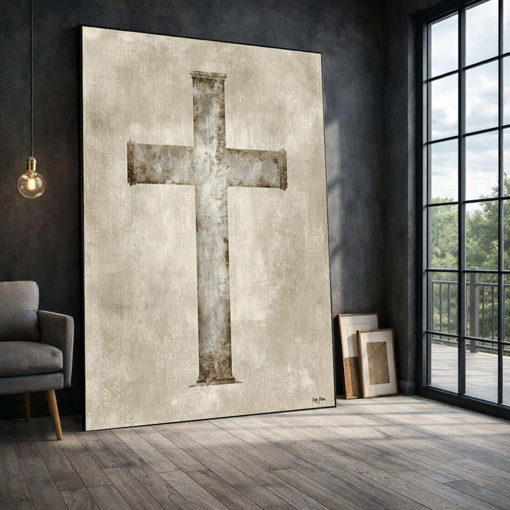 Rustic Cross Framed Wall Art, Neutral Tones Canvas Print, Christian Living Room Decor