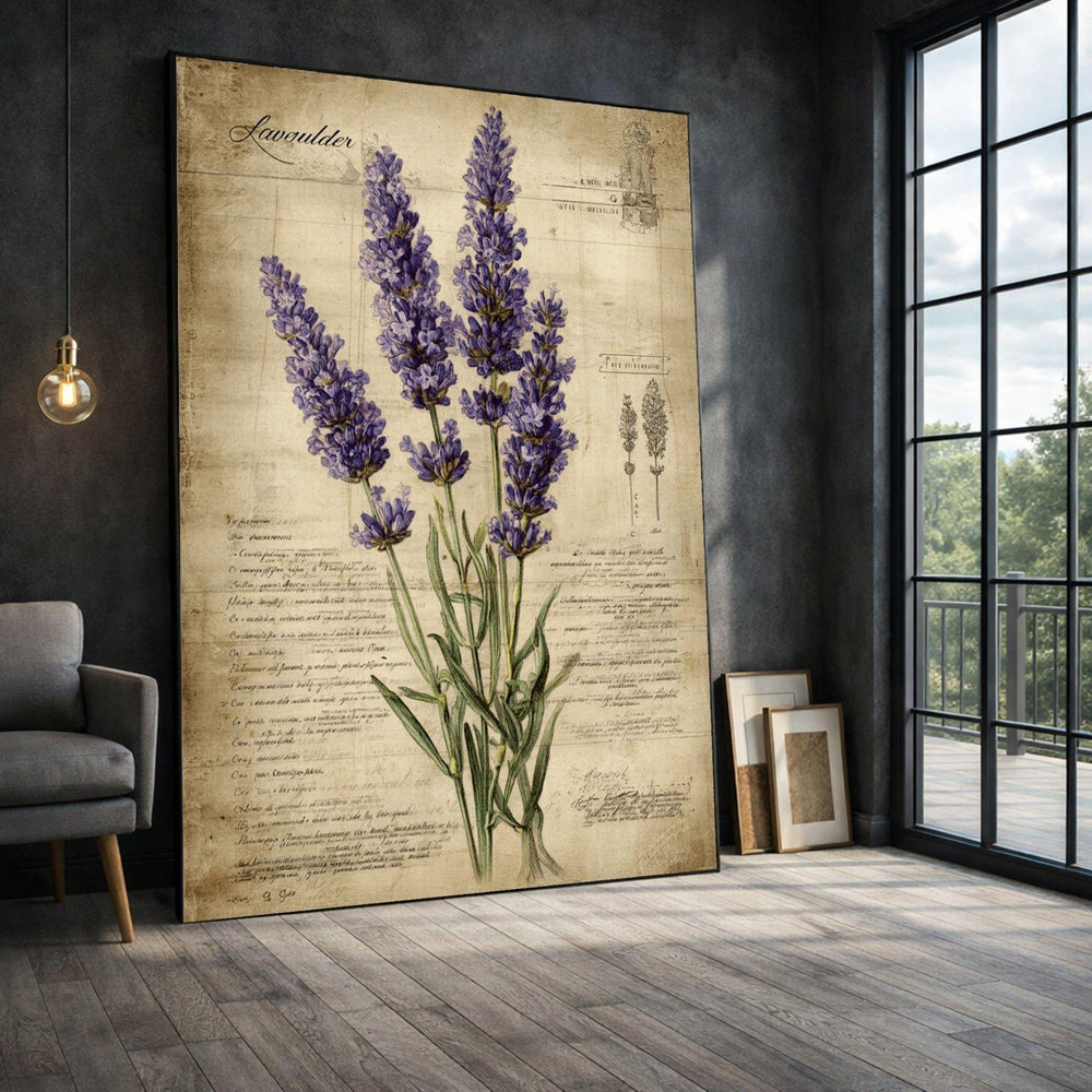 Vintage Lavender Framed Wall Art, Botanical Floral Canvas Print, Rustic Living Room Decor