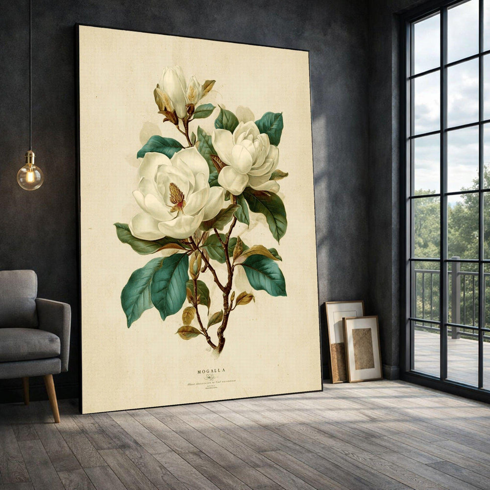 Vintage Magnolia Framed Wall Art, Botanical Cream Green Canvas Print, Farmhouse Living