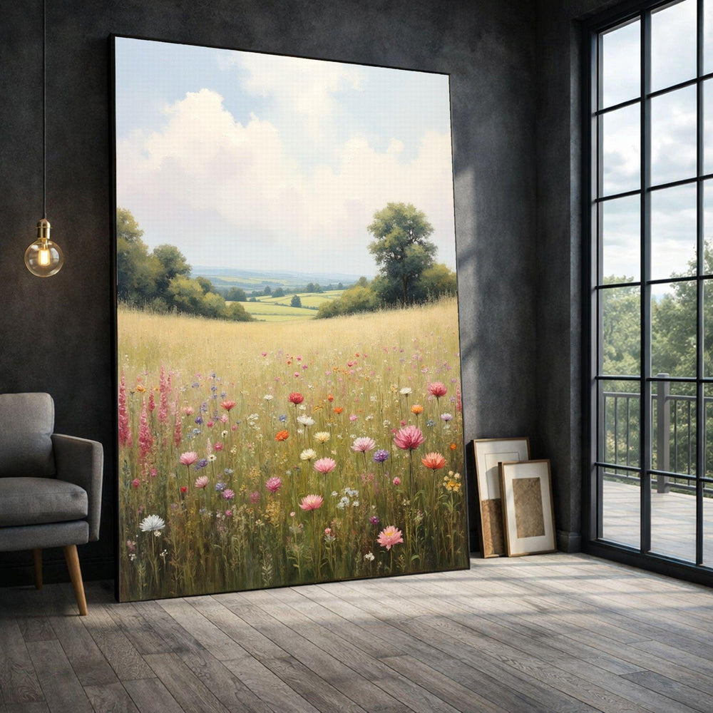Wildflower Meadow Framed Wall Art, Pastoral Landscape Canvas Print, Living Room Decor