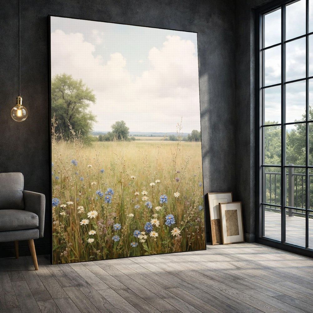 Wildflower Field Framed Wall Art, Blue Daisies Meadow Canvas Print, Farmhouse Living
