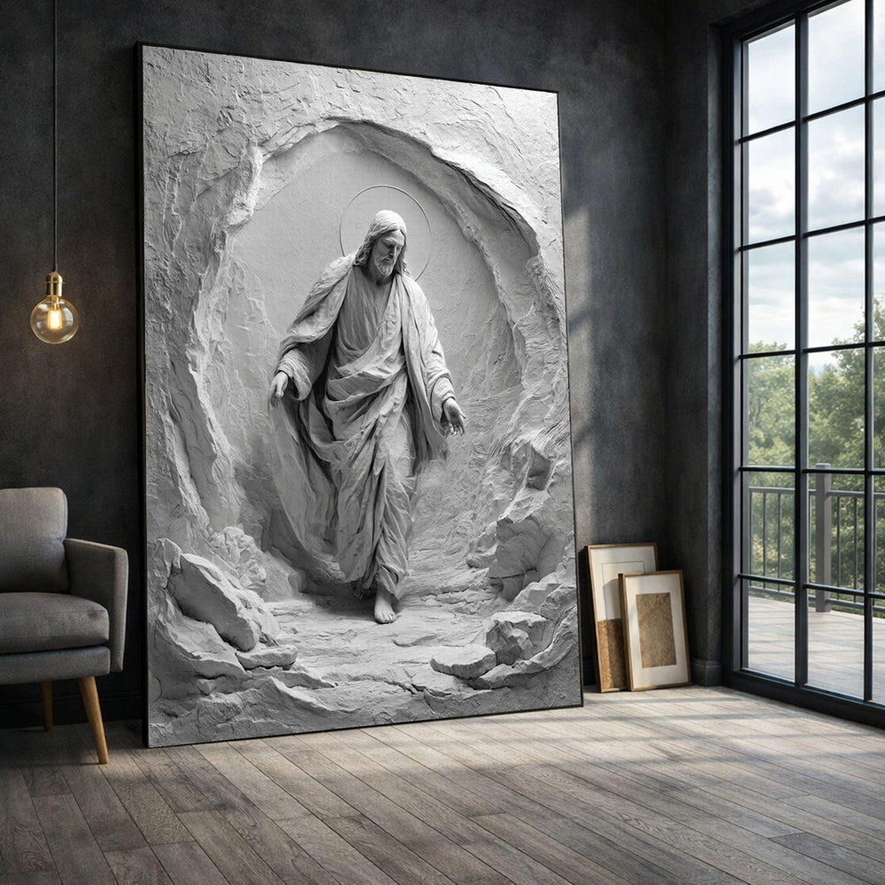 Religious Sculpture Framed Wall Art, Jesus Stone Relief Canvas Print, Spiritual Living Room Decor