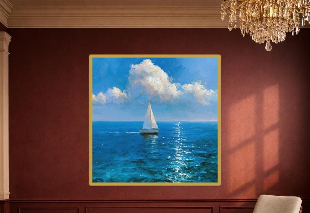Sailboat on Ocean Canvas Wall Art, Blue Serene Seascape Ocean Art, Living Room Decor, Gallery Wall Art