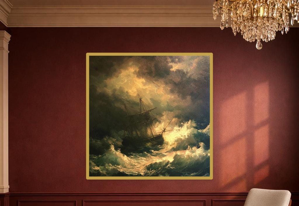 Dark Blue Dramatic Seascape Ship in Stormy Sea Canvas Print, Nautical Art, Living Room Decor, Framed Canvas