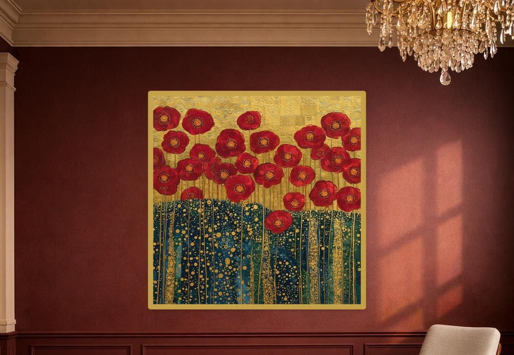 Gustav Klimt Red Floral Canvas Wall Art, Decorative Flower Meadow Print, Elegant Home Decor, Framed Canvas