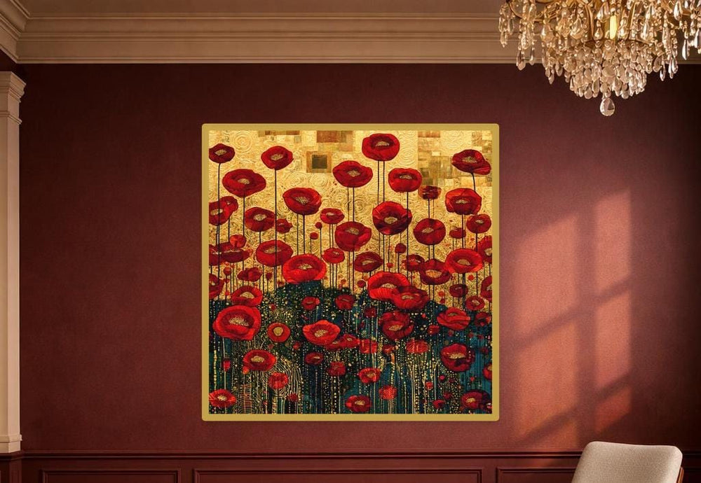 Gustav Klimt Red Floral Canvas Wall Art, Colorful Floral Print, Art Nouveau Living Room Decor, Framed Canvas