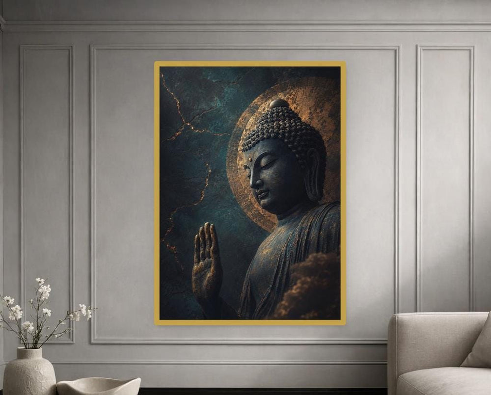 Golden Buddha Statue Wall Art Print, Meditative Spiritual Canvas Art, Prayer Room Decor, Ready to Hang