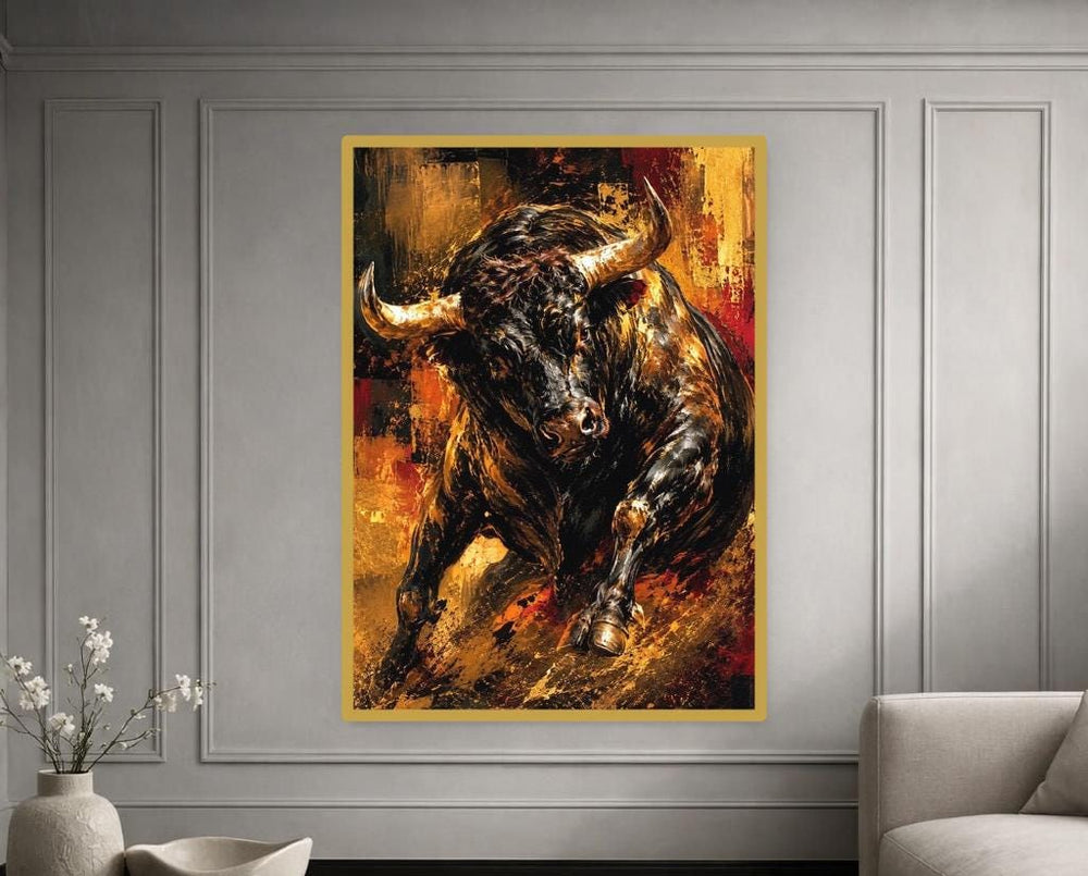 Black Dynamic Animal Art Charging Bull Canvas Print, Bull Wall Art, Office Decor, Framed Canvas