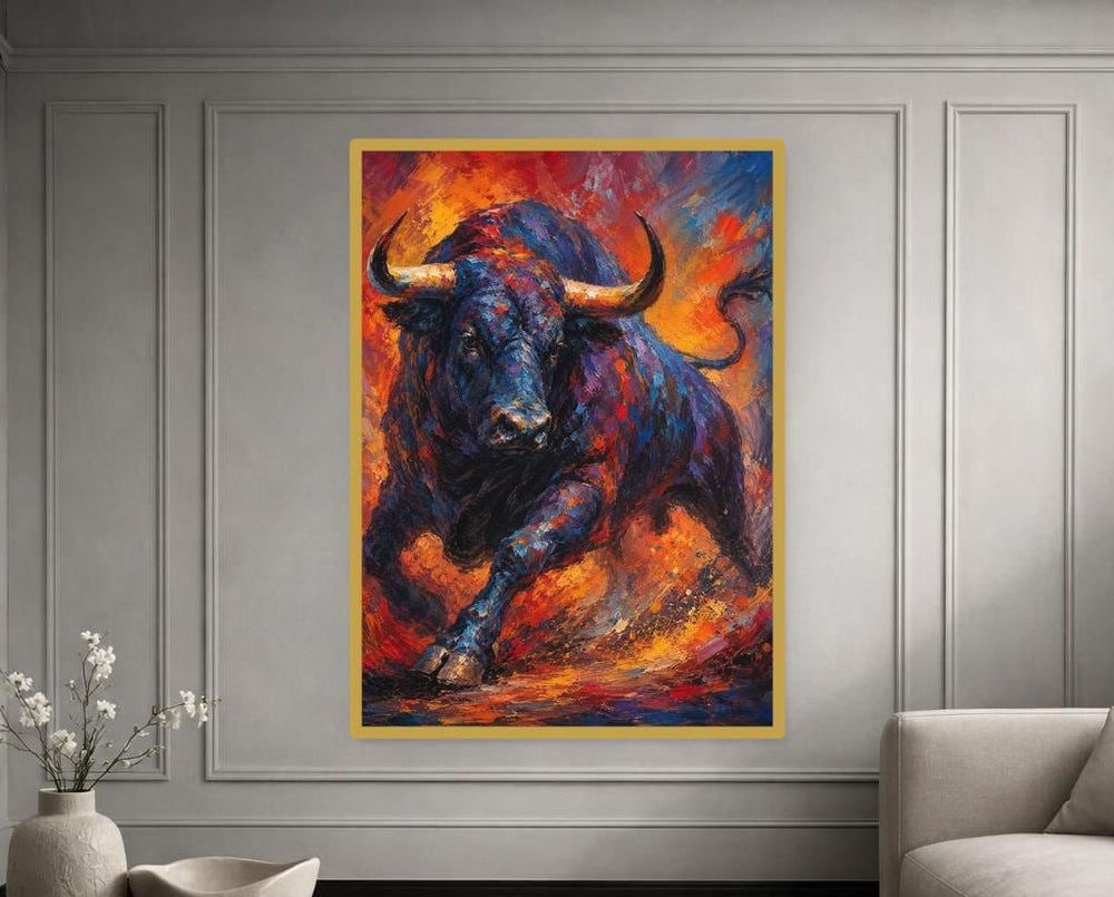 Blue Dynamic Animal Art Charging Bull Canvas Print, Animal Wall Art, Office Decor, Framed Canvas
