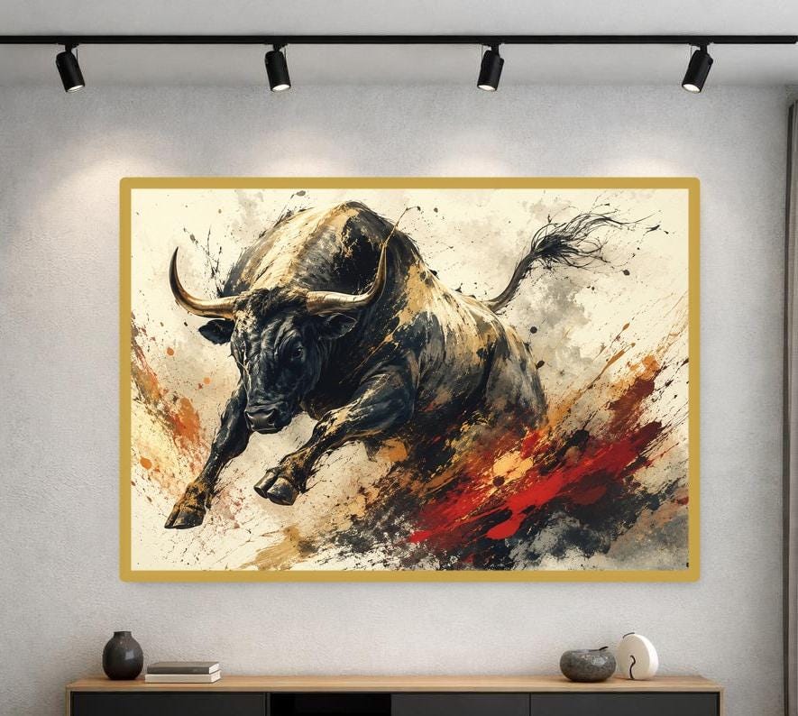 Charging Bull Wall Art Print, Dynamic Animal Art Canvas Art, Office Decor, Ready to Hang