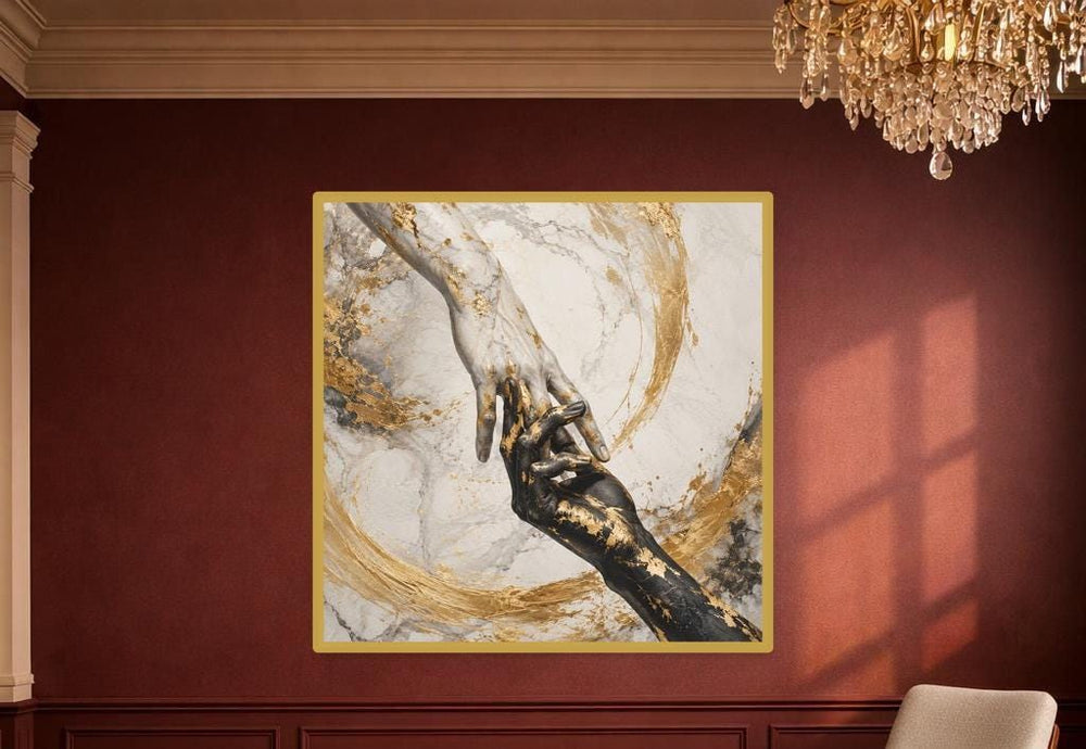 Golden Hands Connection Wall Art Print, Modern Abstract Canvas Art, Living Room Decor, Ready to Hang