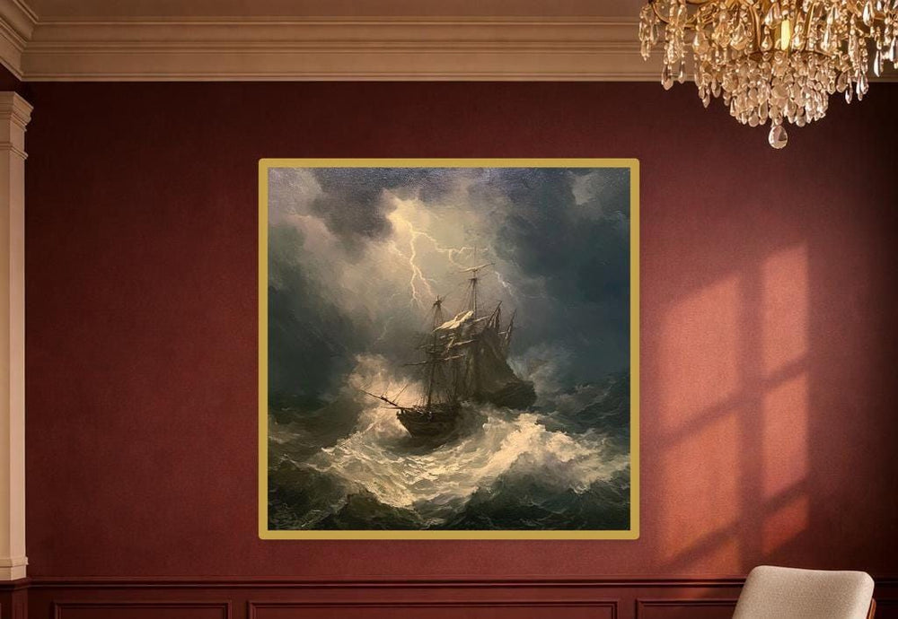 Stormy Ship At Sea Canvas Wall Art, Dramatic Seascape Print, Living Room Decor, Ready to Hang