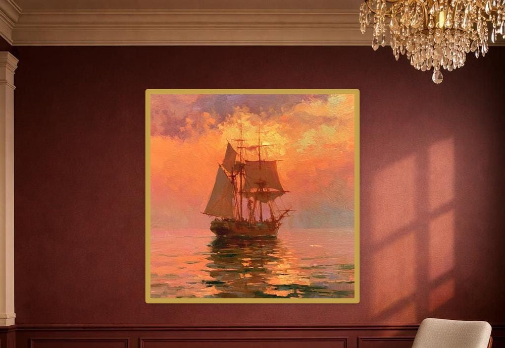 Orange Impressionist Seascape Sailing Ship At Sunset Canvas Print, Seascape Print, Living Room Decor, Framed Canvas