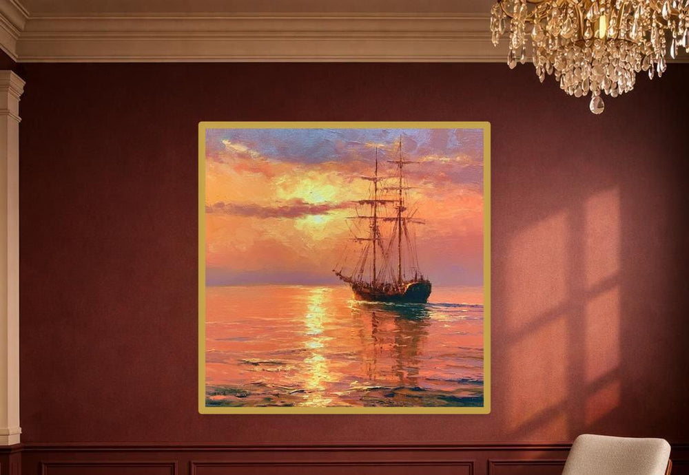 Sailing Ship At Sunset Art Print, Impressionist Seascape Canvas Wall Art, Living Room Decor, Framed Canvas