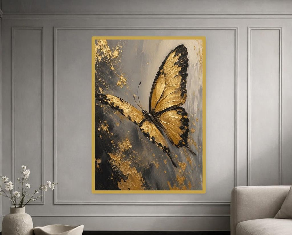 Gold Textured Floral Gold Butterfly Canvas Print, Butterfly Art, Living Room Decor, Framed Canvas