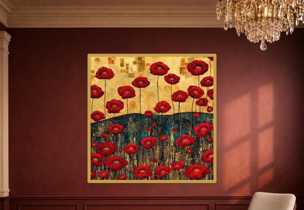 Gustav Klimt Red Floral Framed Canvas Print, Gold Floral Botanical Art, Living Room Decor