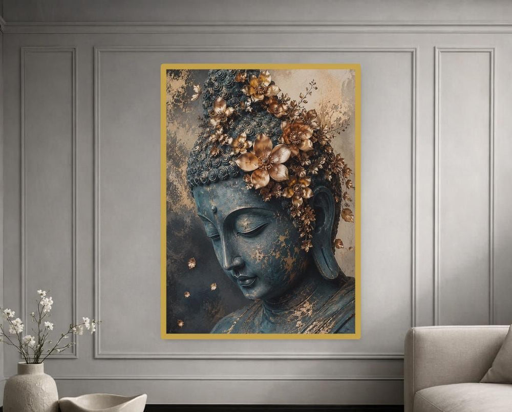 Golden Buddha Portrait Art Print, Zen Floral Art Canvas Wall Art, Meditation Room Decor, Framed Canvas