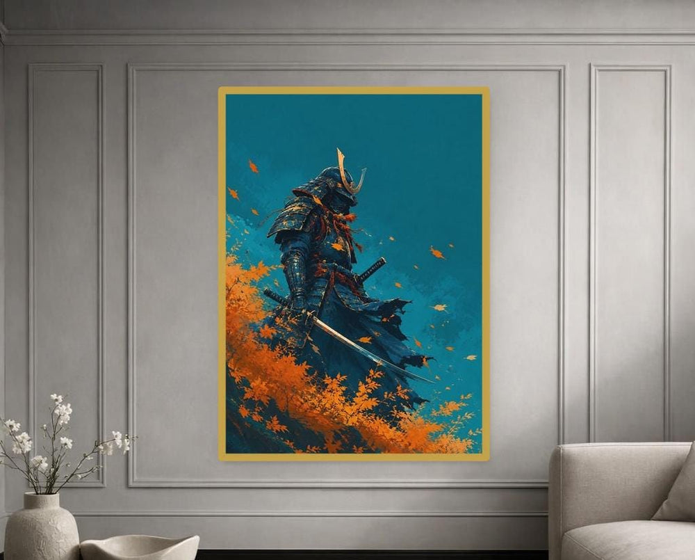 Blue Samurai Warrior Framed Canvas Print, Japanese Warrior Wall Art, Modern Office Decor