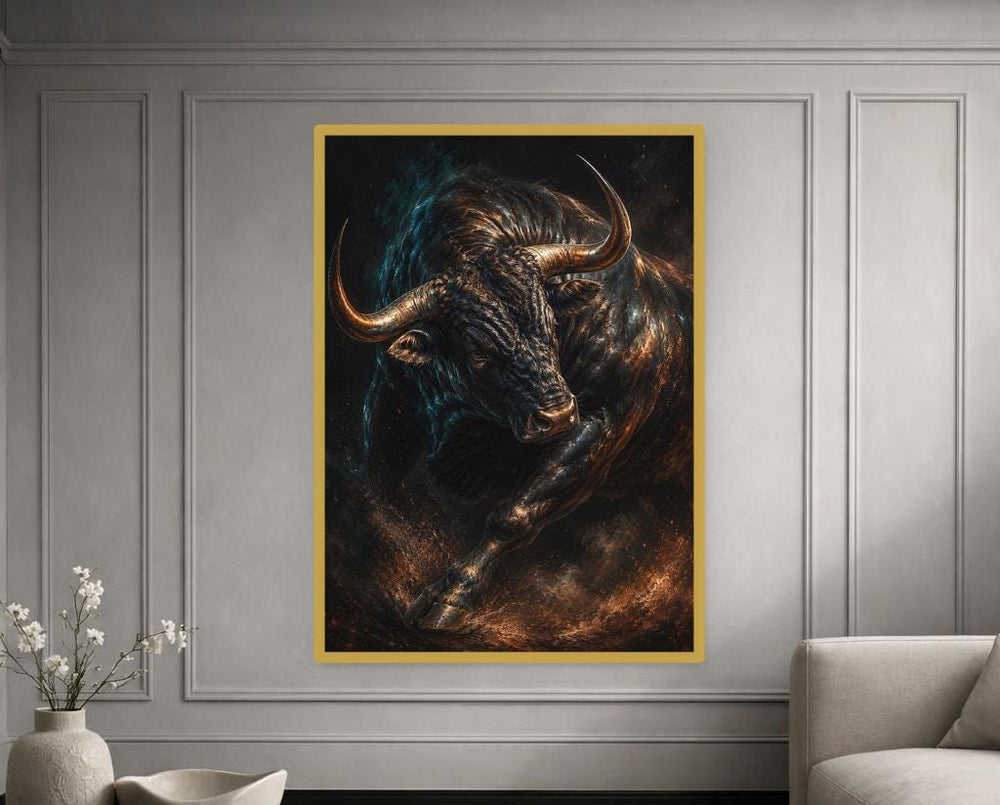 Black Dynamic Animal Art Charging Bull Canvas Print, Animal Wall Art, Office Decor, Framed Canvas