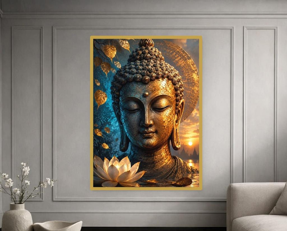 Golden Buddha with Lotus Canvas Print, Buddha Print, Meditation Room Wall Decor, Ready to Hang