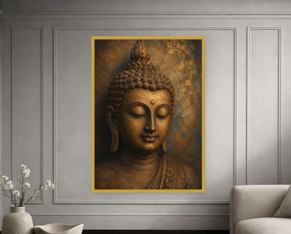 Golden Buddha Portrait Canvas Wall Art, Gold Meditative Sculpture Buddha Wall Art, Living Room Decor, Gallery Wall Art