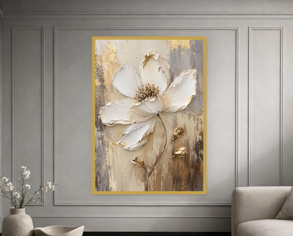 Gold Floral Framed Canvas Print, Textured Floral Art Wall Art, Living Room Decor