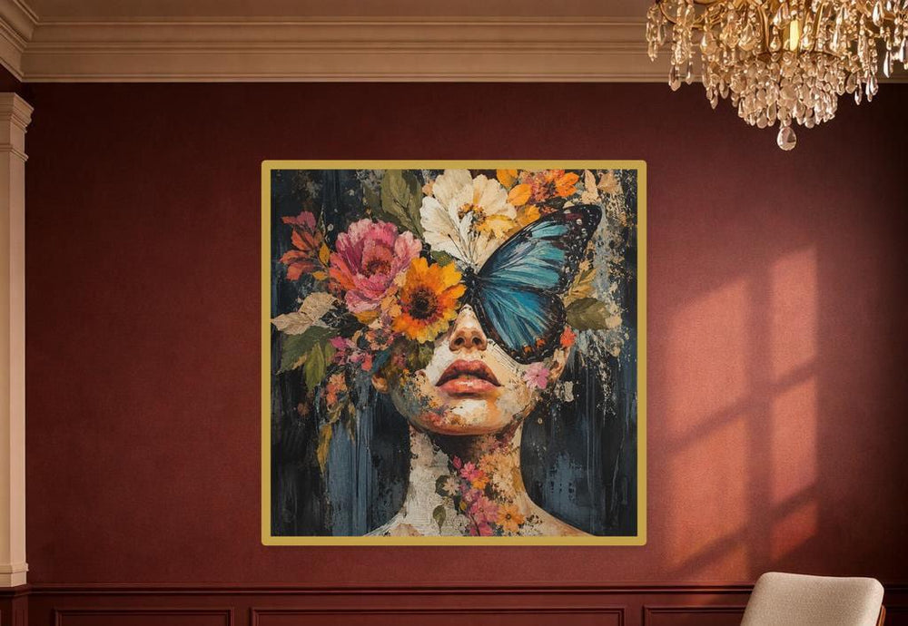 Floral Woman Portrait Framed Canvas Print, Black Red Floral Wall Art, Dark Romantic Bedroom Decor