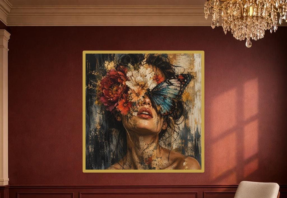 Floral Woman Portrait Wall Art Print, Moody Red Rose Portrait, Gothic Bedroom Gallery Decor