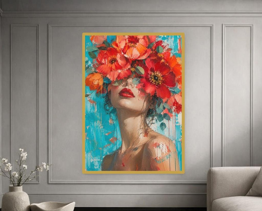 Floral Woman Portrait Canvas Wall Art, Dark Floral Portrait Print, Moody Bedroom Decor, Framed Canvas