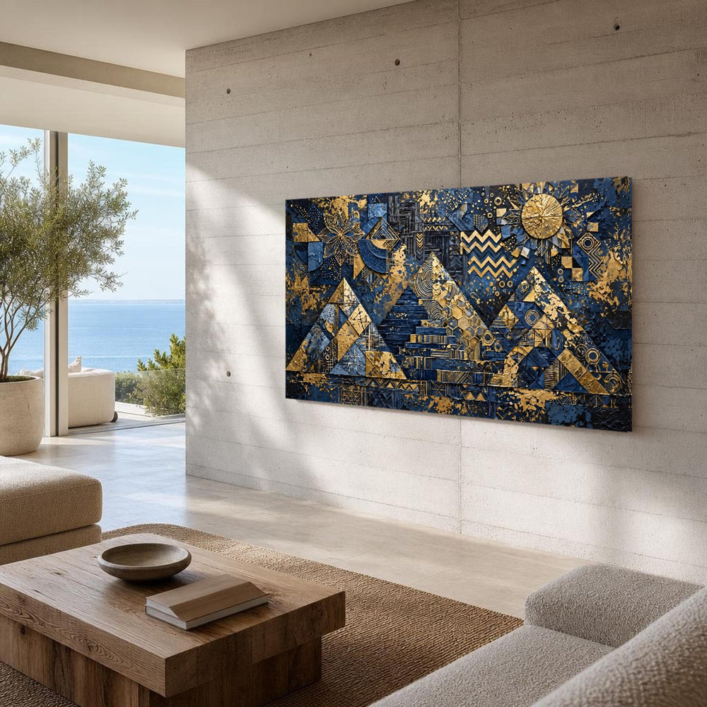Navy Blue and Gold Geometric Abstract Canvas Wall Art