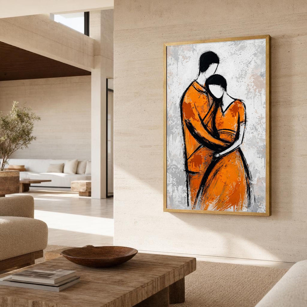 Orange and Black Couple Embrace Canvas Wall Art, Emotional