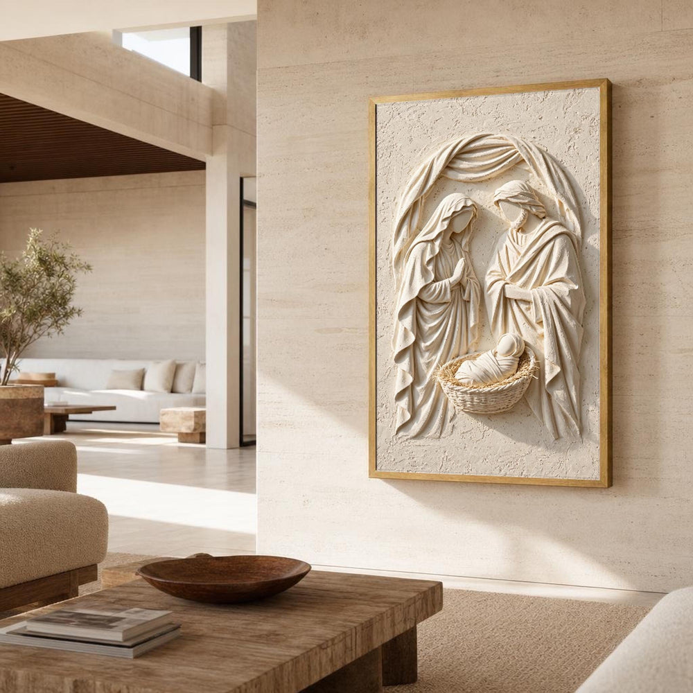 Beige and White Nativity Scene Canvas Wall Art, Religious