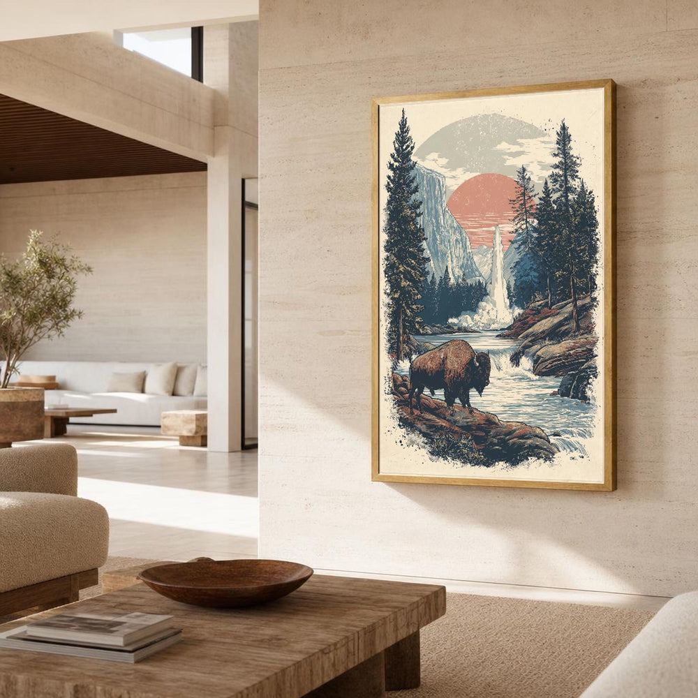Buffalo in Landscape Canvas Wall Art, Natural