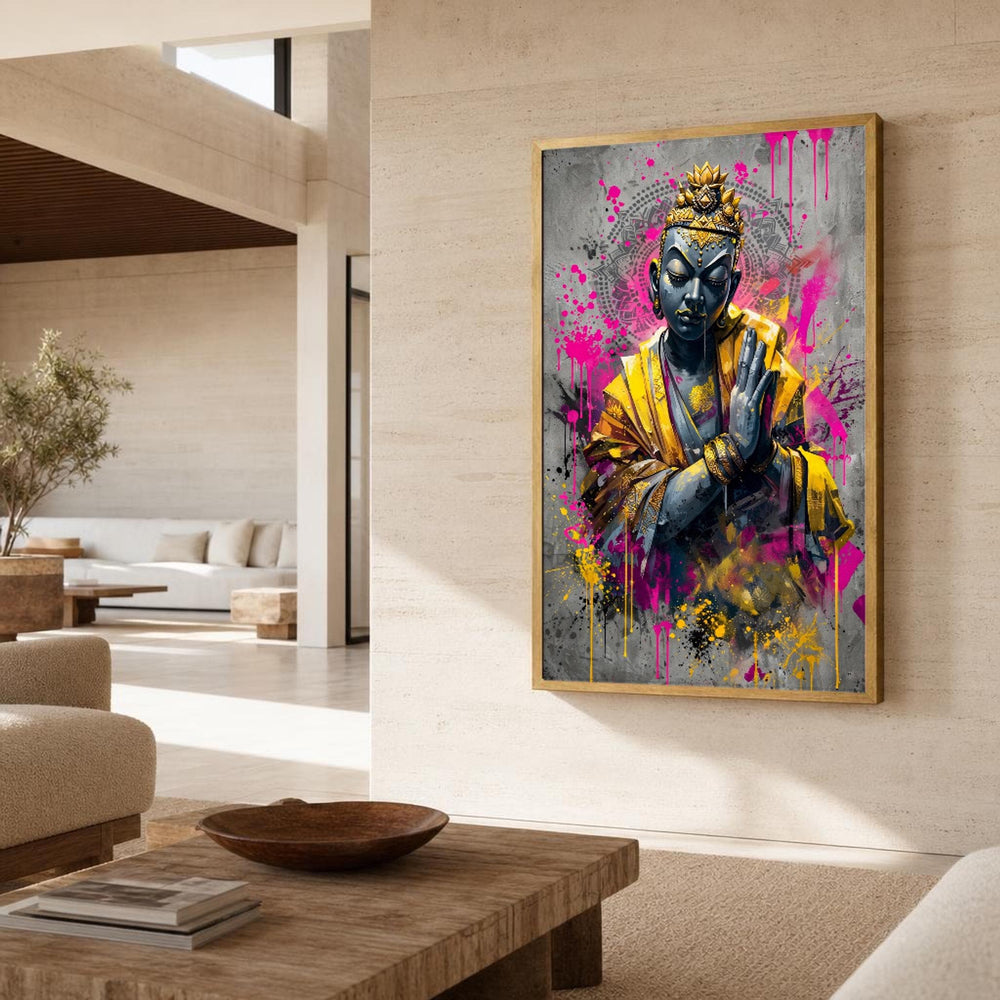 Gray and Pink Buddha Canvas Wall Art, Buddhist Meditation, Graffiti