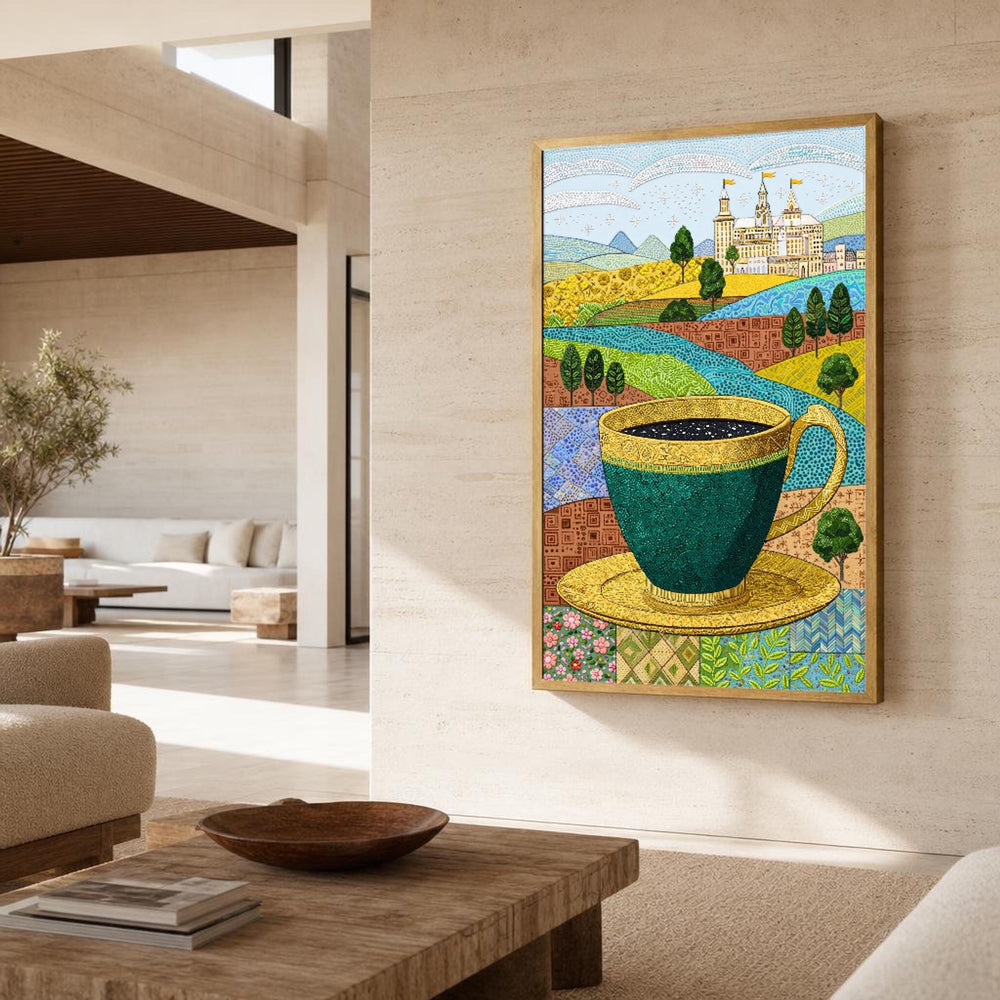 Green and Gold Tea Cup Landscape Canvas Wall Art, Whimsical