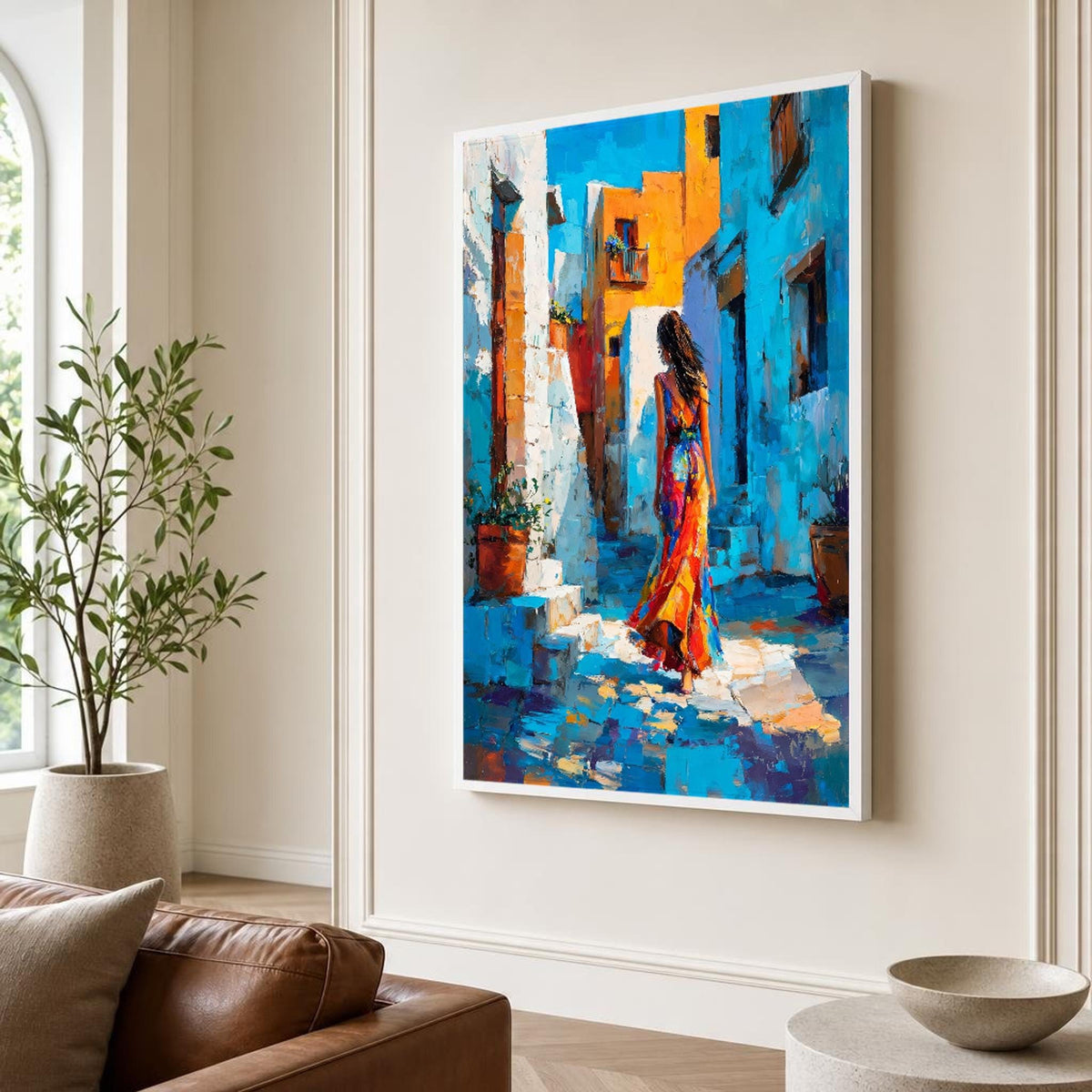 Woman in Colorful Dress Canvas Wall Art, Street Scene