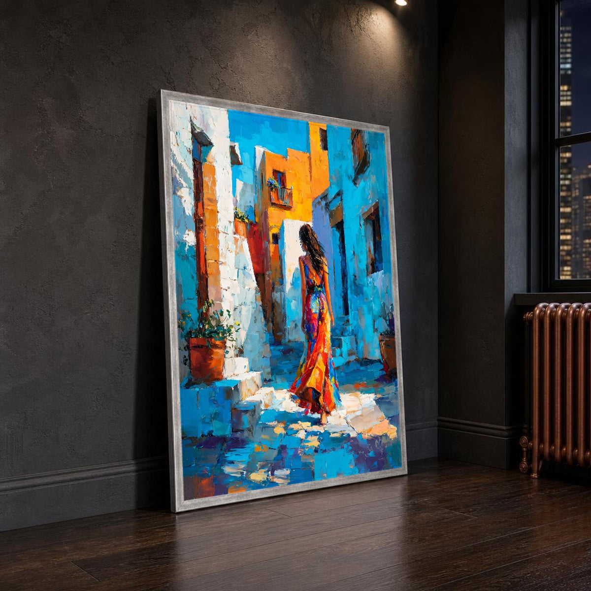 Woman in Colorful Dress Canvas Wall Art, Street Scene