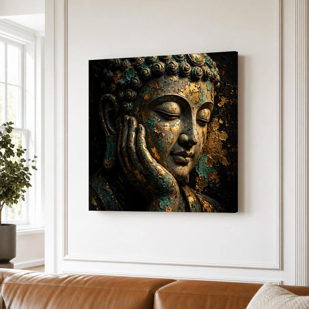 Buddha Serene Buddha Face Gold Leaf Meditation Canvas Wall Art, Buddhist Meditation Art