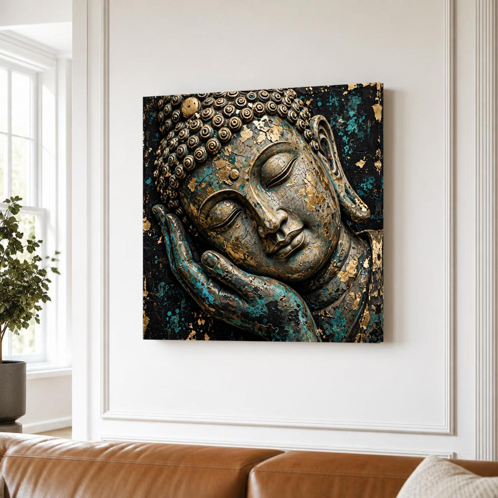 Gold Buddha Serene Buddha Face Leaf Meditation Canvas Wall Art, Buddhist, Buddhist Meditation Art